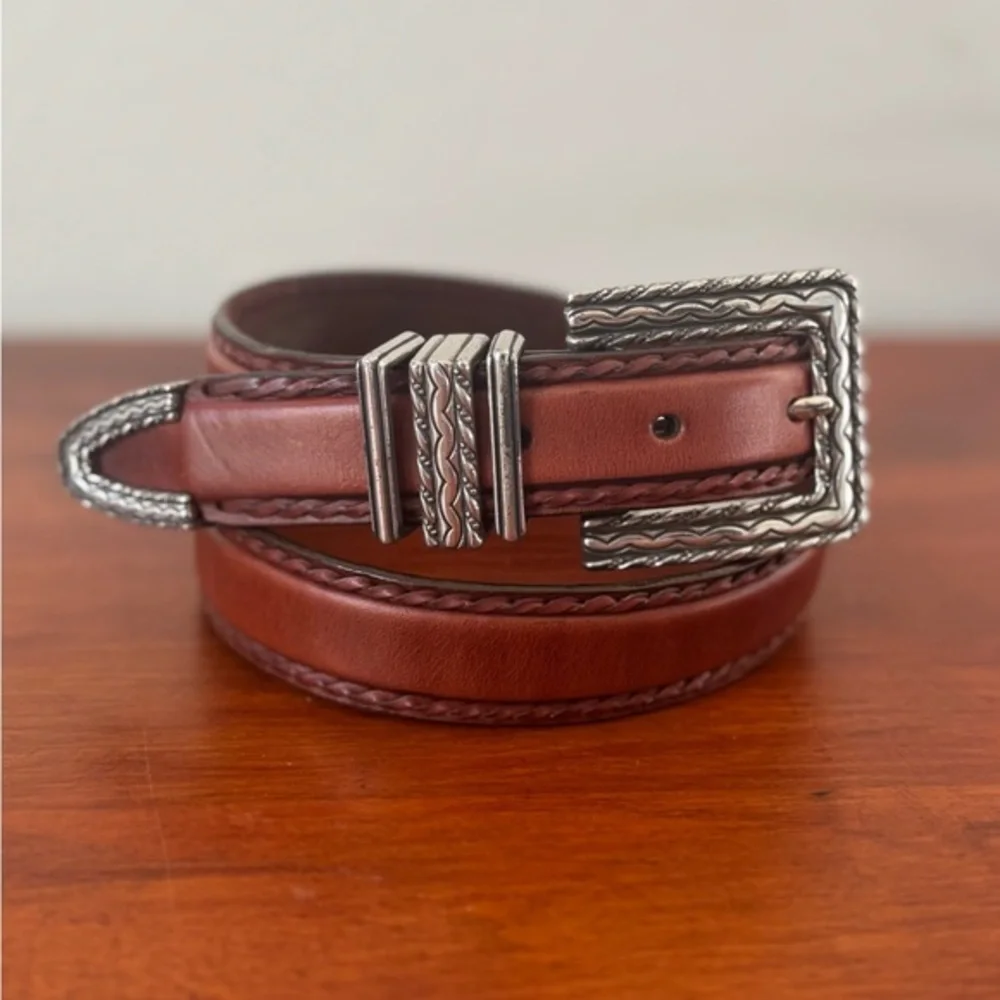 Vintage Brighton 1990s Brown Leather Belt with Silver Buckle
